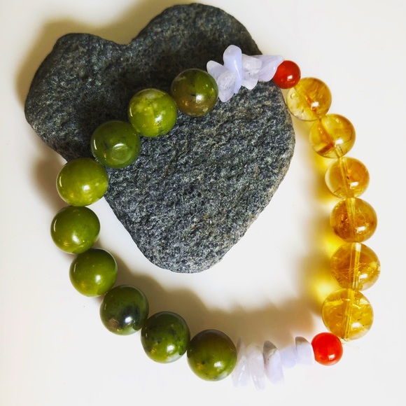 Genuine Stone Healing Bracelet Serpentine Citrine Carnelian Blue Laced Agate - Picture 1 of 1